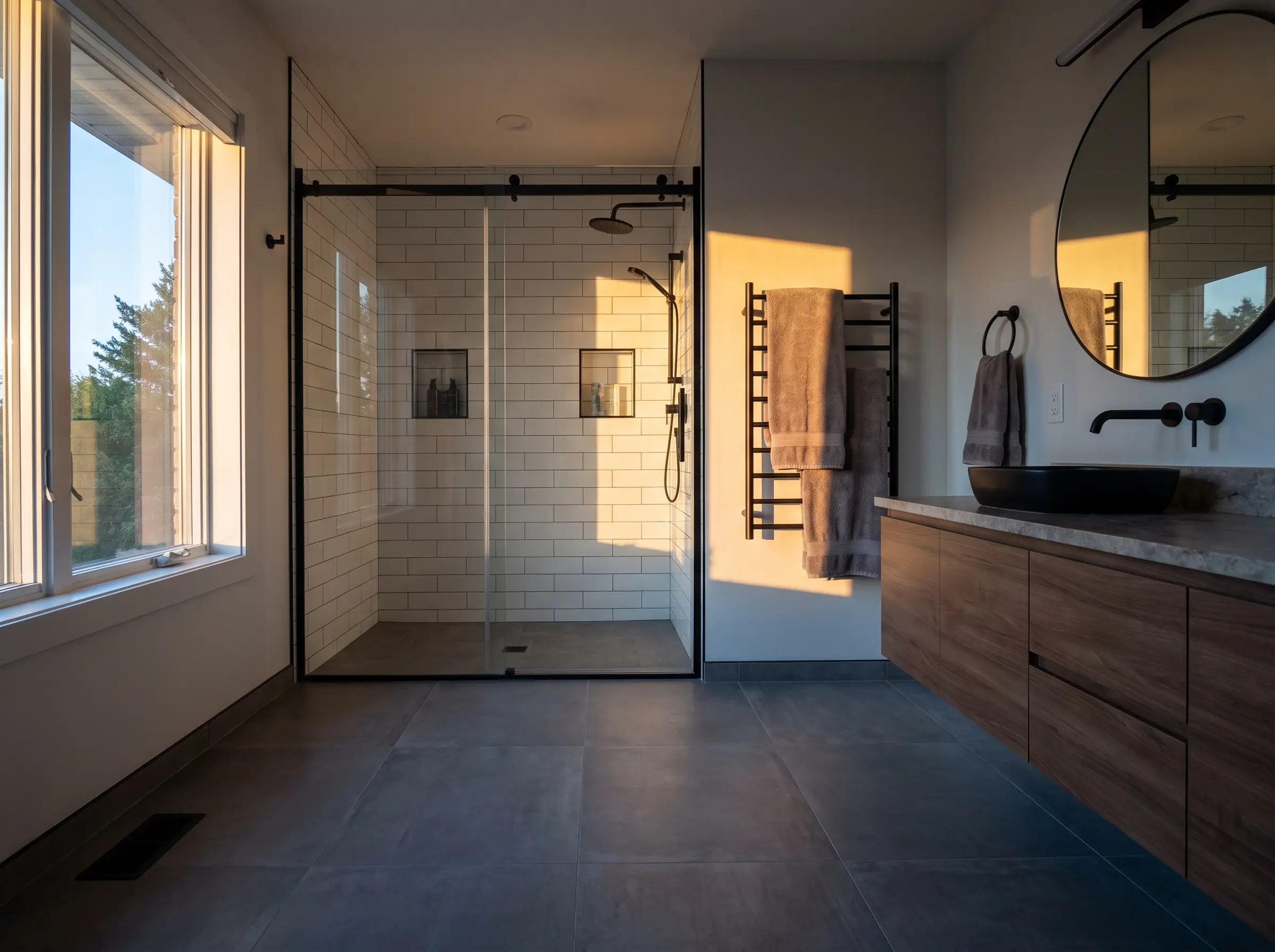 Freshly renovated modern bathroom with a walk-in glass shower