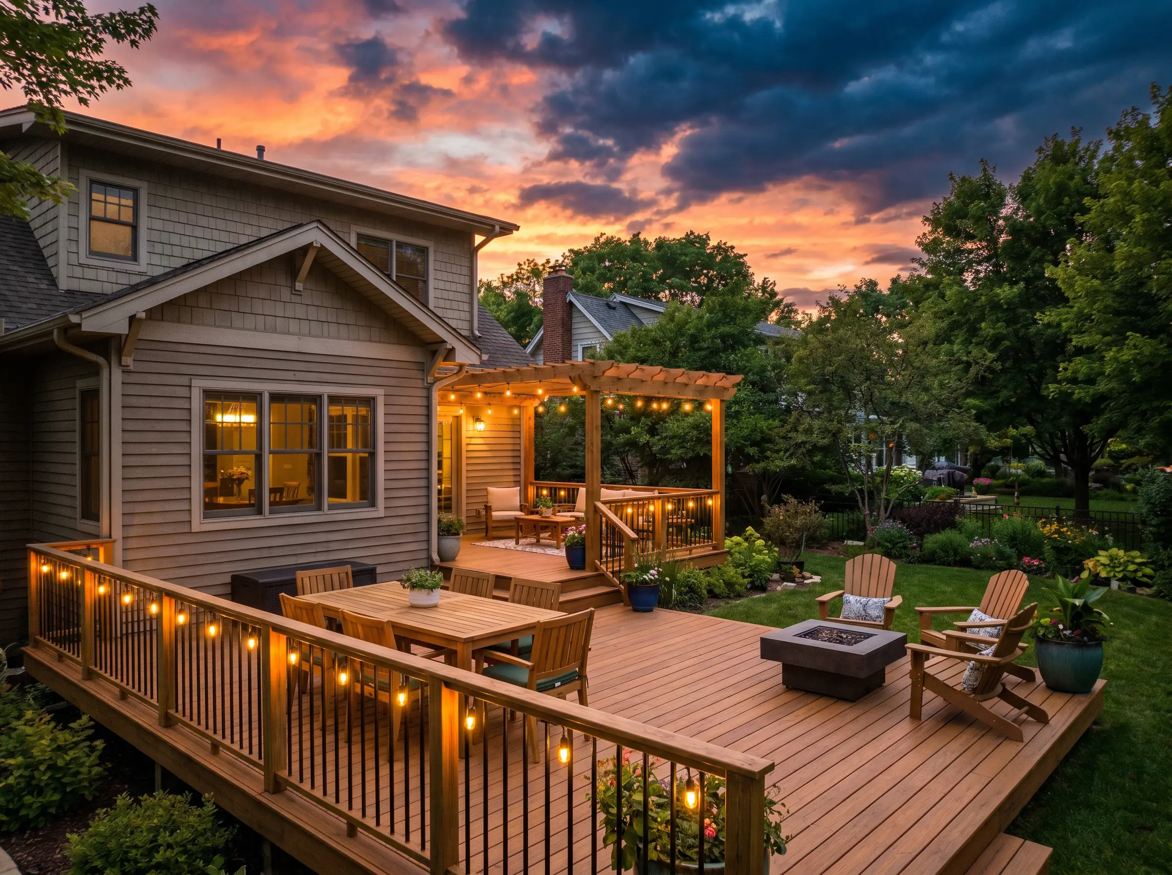 Newly built cedar deck with string lights at dusk