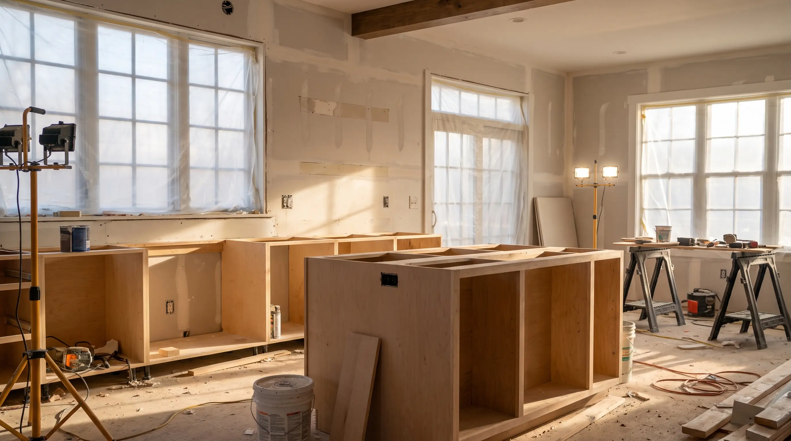 The same kitchen mid-renovation, bare cabinet frames and work lights